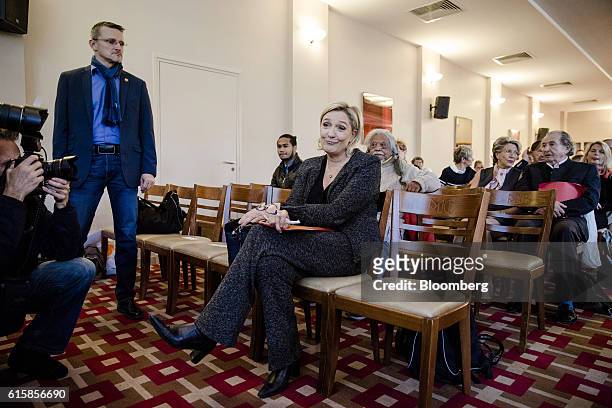 Marine Le Pen, leader of the French National Front, sits during a party debate in Paris, France, on Thursday, Oct. 20, 2016. Once seen as fringe...