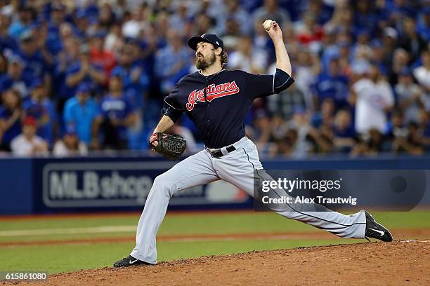 Andrew Miller of the Cleveland Indians pitches in the bottom of the ninth inning of ALCS Game 3 against the Toronto Blue Jays at the Rogers Centre on...