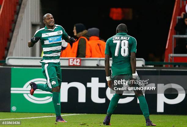 Panathinaikos' Colombian forward Victor Ibarbo celebrates after scoring a goal during the UEFA Europa League group G football match between Standard...
