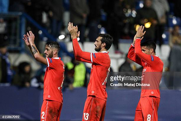 Gonzalo Rodriguez, Davide Astori and Matias Vecino of Fiorentina celebrate after the UEFA Europa League match between FC Slovan Liberec and ACF...