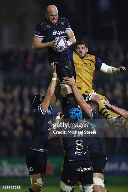 Matt Garvey of Bath claims the ball at a lineout from James Phillips of Bristol during the European Rugby Challenge Cup Pool Four match between Bath...