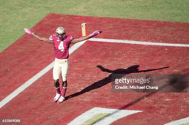 Defensive back Tarvarus McFadden of the Florida State Seminoles celebrates after a big play during their game against the Wake Forest Demon Deacons...