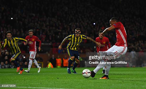 Anthony Martial of Manchester United scores his team's second goal from the penalty spot during the UEFA Europa League Group A match between...