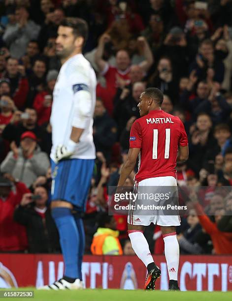 Anthony Martial of Manchester United celebrates scoring their second goal during the UEFA Europa League match between Manchester United FC and...