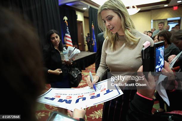 Ivanka Trump, the daughter of Republican presidential candidate Donald Trump, greets guests while making a campaign stop for her father on October...