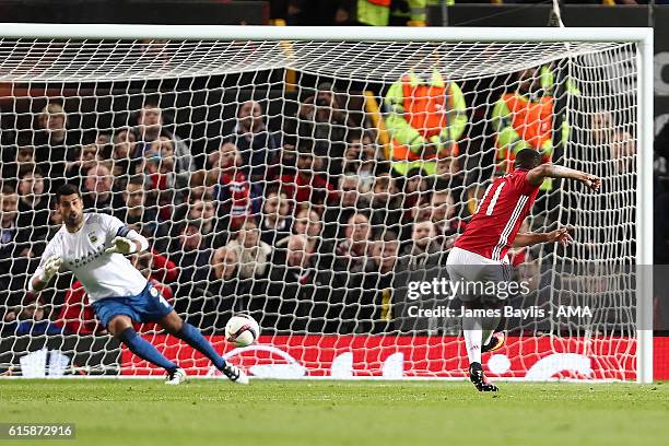 Anthony Martial of Manchester United scores the second goal from a penalty to make the score 2-0 during the UEFA Europa League match between...