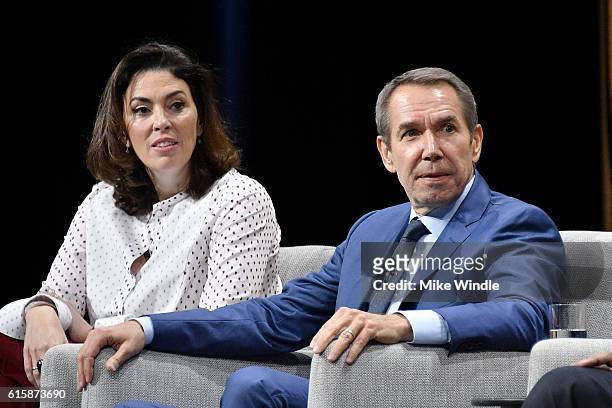 Chairman of the fine arts division at Sothebys, Amy Cappellazzo, and artist, Jeff Koons, speak onstage during "Pixels at an Exhibition: The New Art...