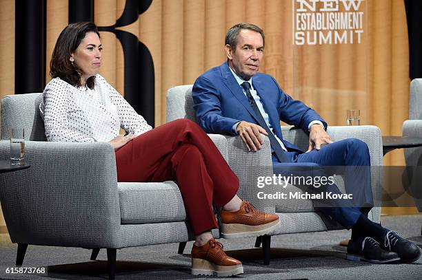 Chairman of the fine arts division at Sothebys, Amy Cappellazzo, and artist, Jeff Koons, speak onstage during "Pixels at an Exhibition: The New Art...