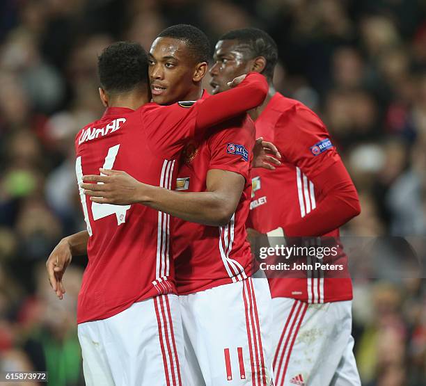 Anthony Martial of Manchester United celebrates scoring their second goal during the UEFA Europa League match between Manchester United FC and...