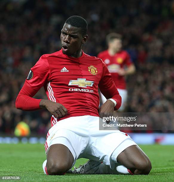 Paul Pogba of Manchester United celebrates scoring their third goal during the UEFA Europa League match between Manchester United FC and Fenerbahce...