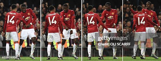 Combination of pictures created on October 20, 2016 shows Manchester United's French midfielder Paul Pogba doing a celebration dance with Manchester...