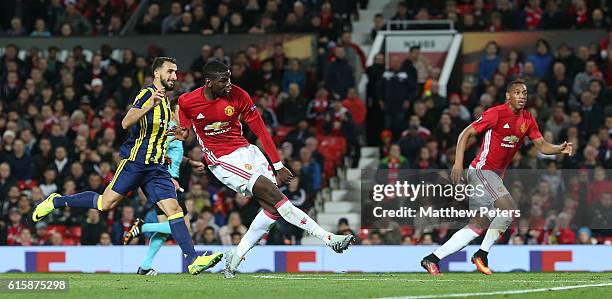 Paul Pogba of Manchester United scores their third goal during the UEFA Europa League match between Manchester United FC and Fenerbahce SK at Old...