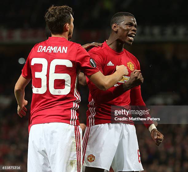 Paul Pogba of Manchester United celebrates scoring their third goal during the UEFA Europa League match between Manchester United FC and Fenerbahce...