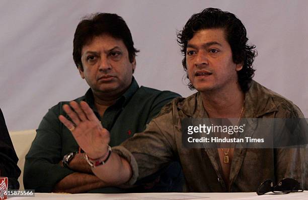 Music Director Aadesh Shrivastav makes a point in front of the media along with Shashi Ranjan. The press conference was called to criticise the...