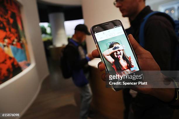 New Google Pixel XL phone is displayed at the Google pop-up shop in the SoHo neighborhood on October 20, 2016 in New York City. The shop lets people...