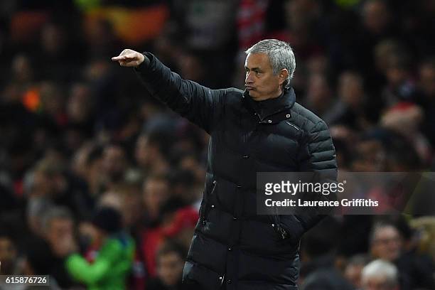 Jose Mourinho the manager of Manchester United directs his players during the UEFA Europa League Group A match between Manchester United FC and...