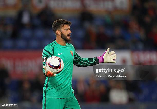 Roma goalkeeper Allison Becker gestures during the UEFA Europa League match between AS Roma and FK Austria Wien at Olimpico Stadium on October 20,...