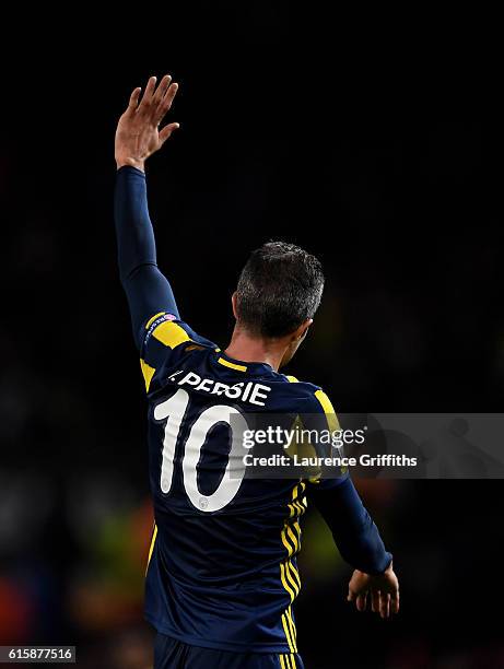 Robin van Persie of Fenerbahce applauds the fans following the final whistle during the UEFA Europa League Group A match between Manchester United FC...