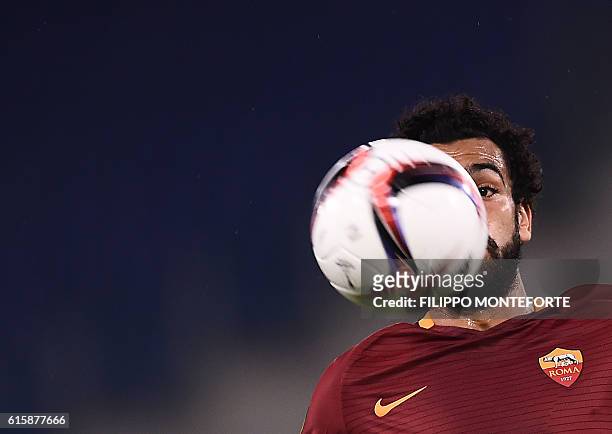 Roma's Egyptian midfielder Mohamed Salah eyes the ball during the Europa League Group E football match between Roma and Austria Wien at the Olympic...