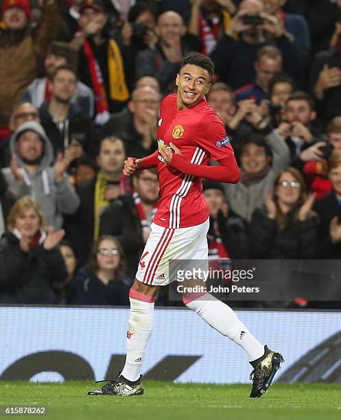 Jesse Lingard of Manchester United celebrates scoring their fourth goal during the UEFA Europa League match between Manchester United FC and...