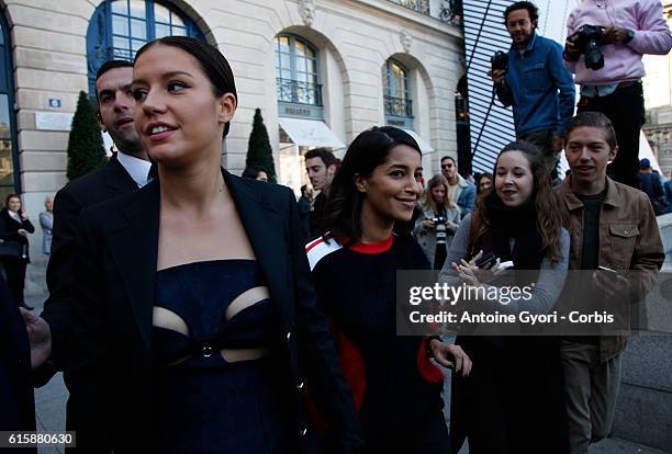 Leila Bekhti and Adele Exarchopoulos arrive at the Louis Vuitton show as part of the Paris Fashion Week Womenswear Spring/Summer 2017 on October 5,...