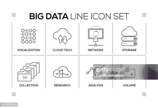 ilustraciones, imágenes clip art, dibujos animados e iconos de stock de palabras clave de big data con iconos de línea monocromática - fog