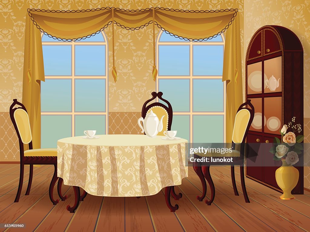 Cartoon Dinning Room Interior In Classic Vintage Style High-Res Vector ...