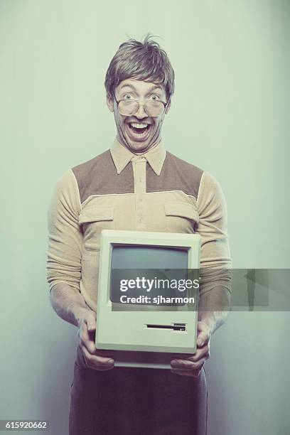 goofy excited wearing nerdy it computer guy - tech geek stock pictures, royalty-free photos & images