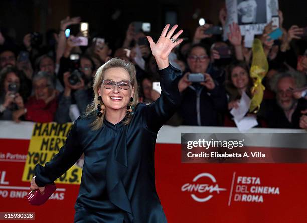 Meryl Streep walks a red carpet for 'Florence Foster Jenkins' during the 11th Rome Film Festival at Auditorium Parco Della Musica on October 20, 2016...