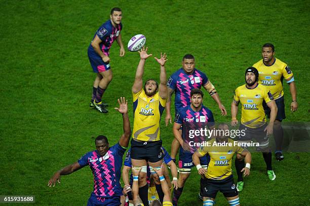 Ionut Muresan of Timisoara Saracens during the Challenge Cup match between Stade Francais Paris and Timisoara Saracens at Stade Jean Bouin on October...