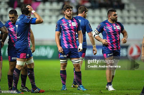 Jules Plisson of Stade Francais during the Challenge Cup match between Stade Francais Paris and Timisoara Saracens at Stade Jean Bouin on October 20,...