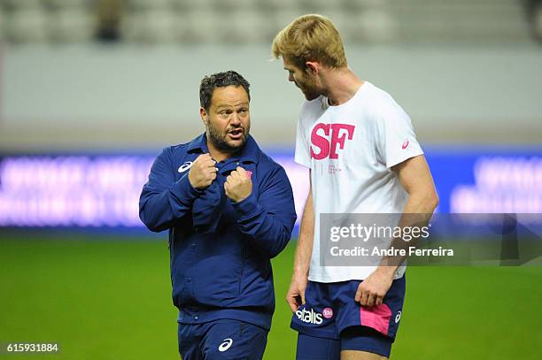 Omar Mouneimne of Stade Francais and Julien Arias of Stade Francais during the Challenge Cup match between Stade Francais Paris and Timisoara...