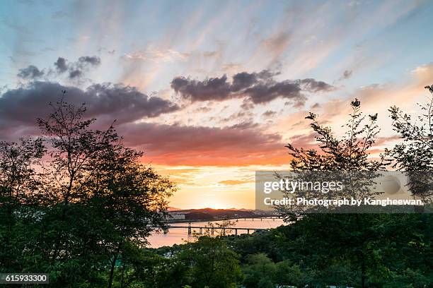 sunset over han river, world cup park, seoul, south korea - hanfloden bildbanksfoton och bilder