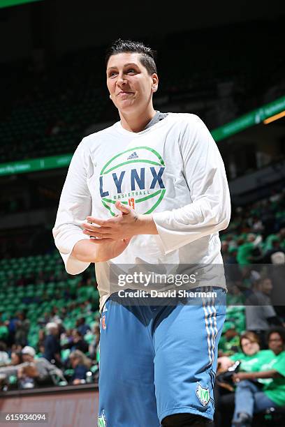 Janel McCarville of the Minnesota Lynx is seen before the game against the Los Angeles Sparks in Game Five of the 2016 WNBA Finals on October 20,...