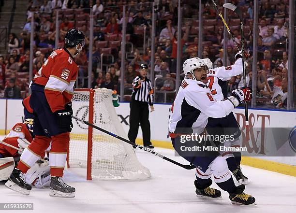 Alex Ovechkin of the Washington Capitals celebrates a goal during a game against Florida Panthers at BB&T Center on October 20, 2016 in Sunrise,...