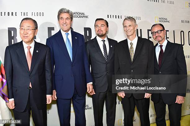 Ban Ki-Moon, John Kerry, Leonardo DiCaprio, Piers Sellers and Fisher Stevens attend the National Geographic Channel "Before the Flood" screening at...