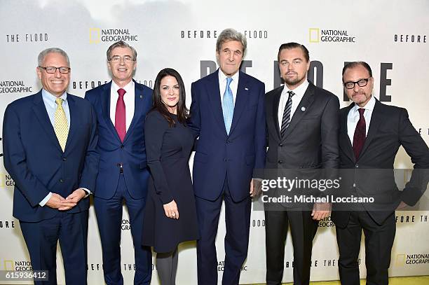 Gary Knell, Declan Moore, Courteney Monroe, John Kerry, Leonardo DiCaprio and Fisher Stevens attend the National Geographic Channel "Before the...