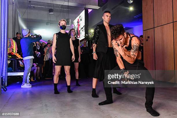 Dancing guests attend the Moxy Berlin Hotel Opening Party on October 20, 2016 in Berlin, Germany.