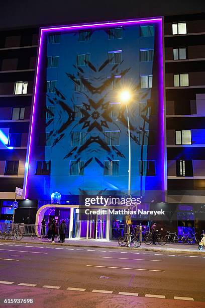 Lights projection on the facade the Moxy Hotel at the Moxy Berlin Hotel Opening Party on October 20, 2016 in Berlin, Germany.