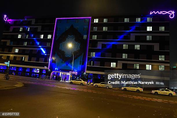 Lights projection on the facade the Moxy Hotel at the Moxy Berlin Hotel Opening Party on October 20, 2016 in Berlin, Germany.