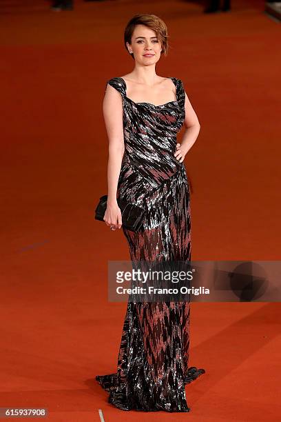 Nathalie Rapti Gomez walks a red carpet for 'Florence Foster Jenkins' during the 11th Rome Film Festival at Auditorium Parco Della Musica on October...