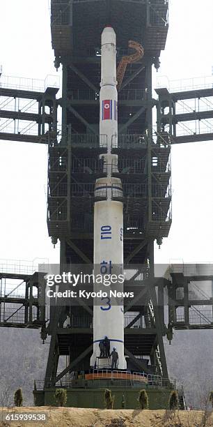 Tongchang-ri, North Korea - File photo taken in April 2012 shows a rocket unveiled by North Korea in Tongchang-ri, North Pyongan Province, in the...