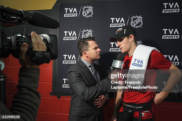 Kyle Turris of the Ottawa Senators answer to TVA Sports journalist Renaud Lavoie in a post game interview after their win against the Montreal...