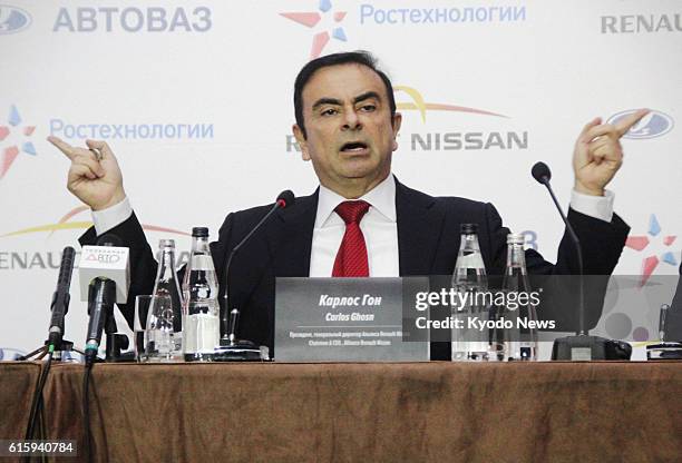 Russia - Carlos Ghosn, president and chief executive officer of Nissan Motor Co., who also heads Renault SA, holds a press conference in Moscow on...