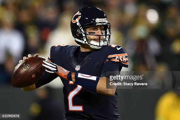 Quarterback Brian Hoyer of the Chicago Bears drops back to pass against the Green Bay Packers in the second quarter at Lambeau Field on October 20,...