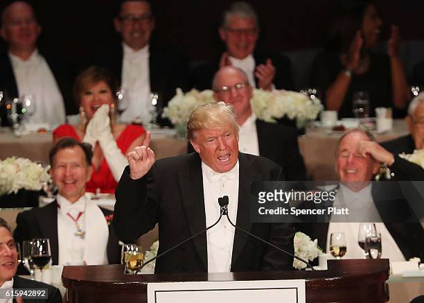 Donald Trump speaks at the annual Alfred E. Smith Memorial Foundation Dinner at the Waldorf Astoria on October 20, 2016 in New York City.The...
