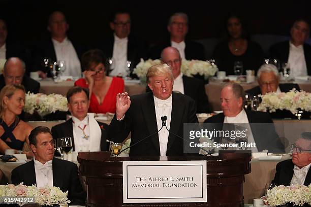 Donald Trump speaks at the annual Alfred E. Smith Memorial Foundation Dinner at the Waldorf Astoria on October 20, 2016 in New York City.The...