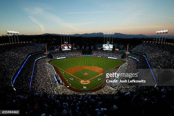 General view as the Chicago Cubs take on the Los Angeles Dodgers in game five of the National League Division Series at Dodger Stadium on October 20,...