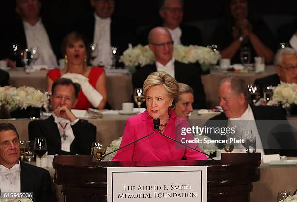 Hillary Clinton speaks at the annual Alfred E. Smith Memorial Foundation Dinner at the Waldorf Astoria on October 20, 2016 in New York City.The...