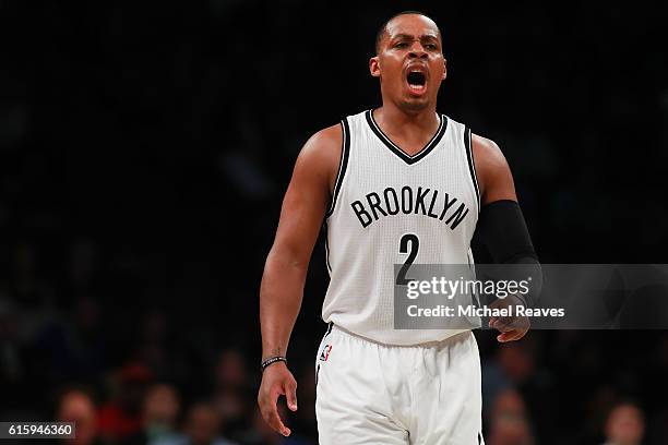 Randy Foye of the Brooklyn Nets reacts against the New York Knicks during the first half of their preseason game at Barclays Center on October 20,...